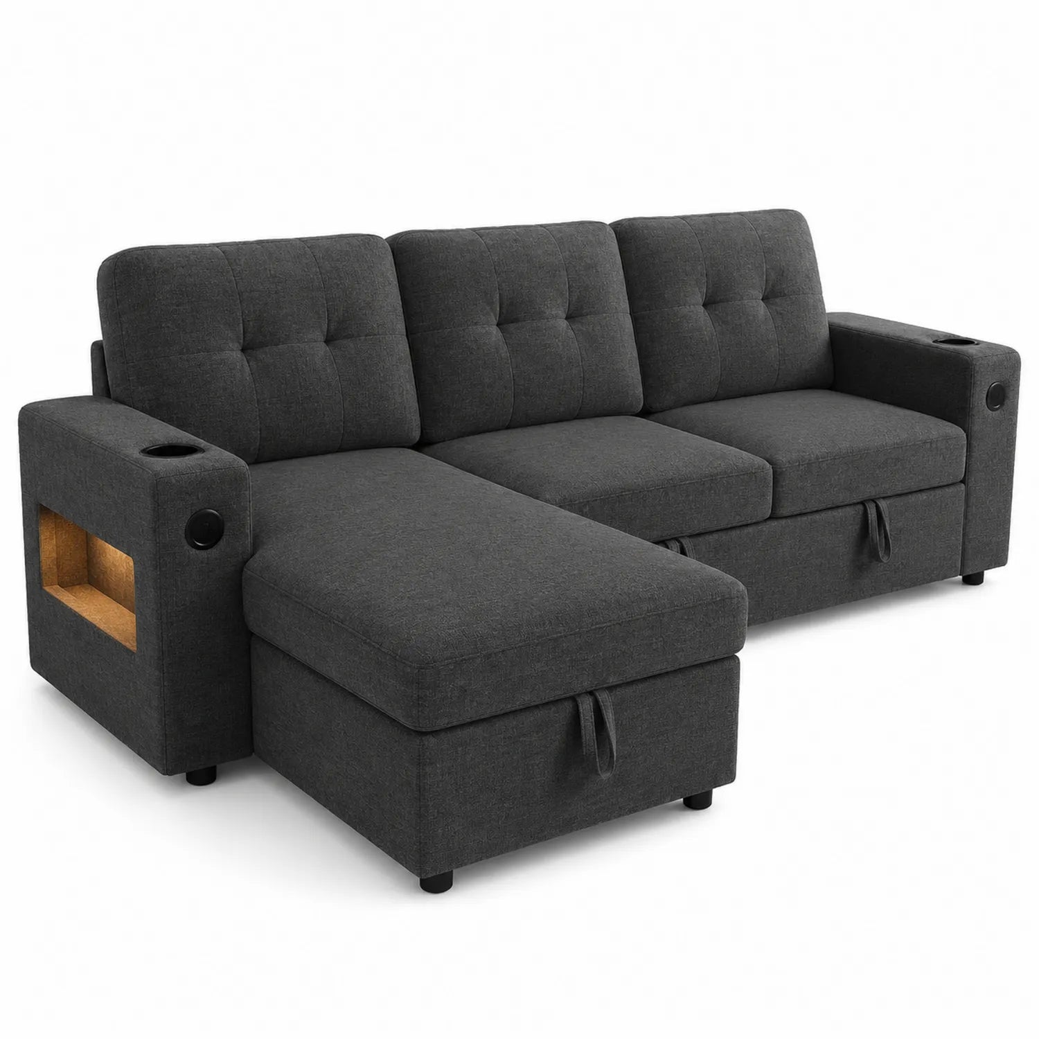 Narożna sofa z tkaniny grafitowej z funkcją przechowywania i uchwytami na kubki