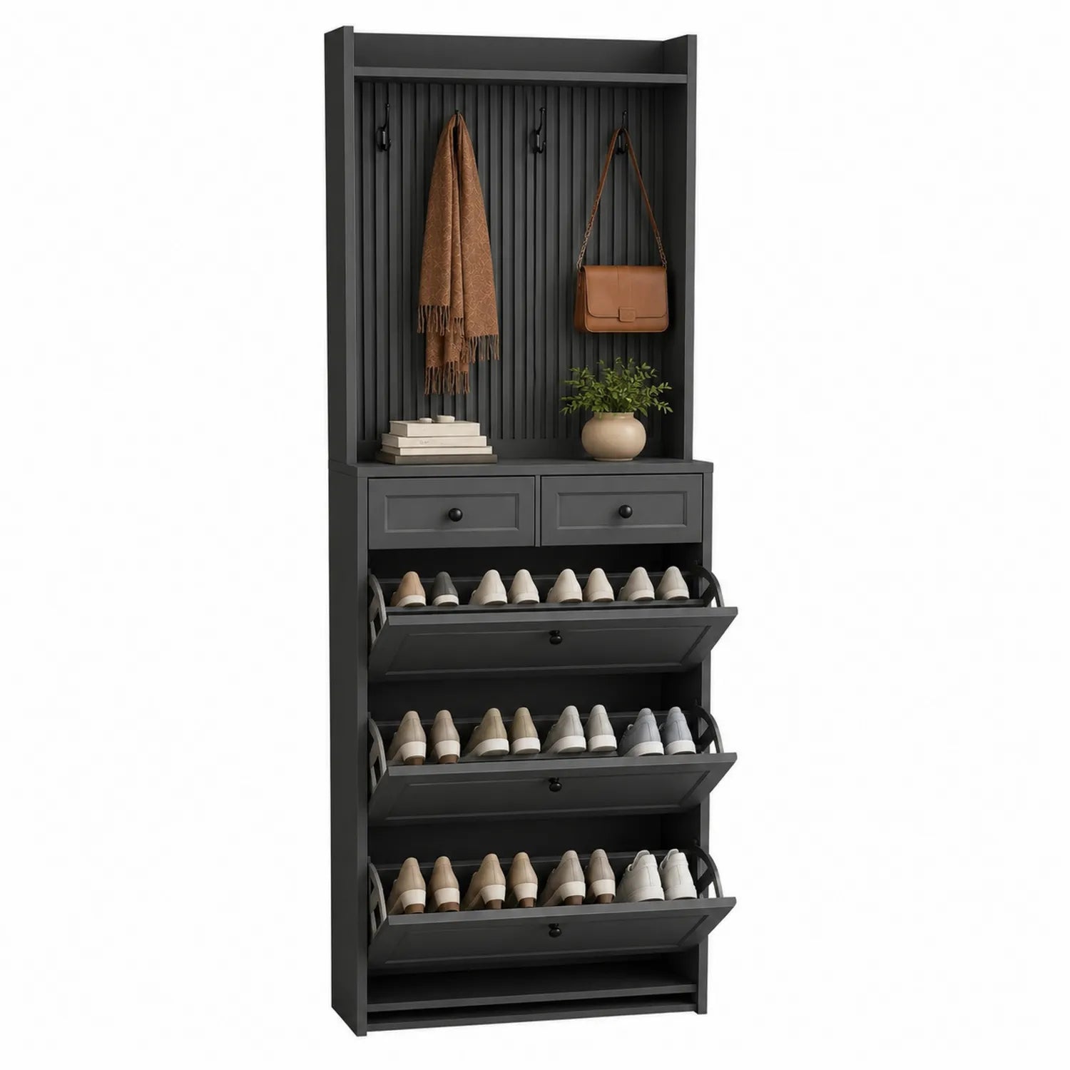 Regał na buty z drewna antracytowy z wieszakami i szufladami