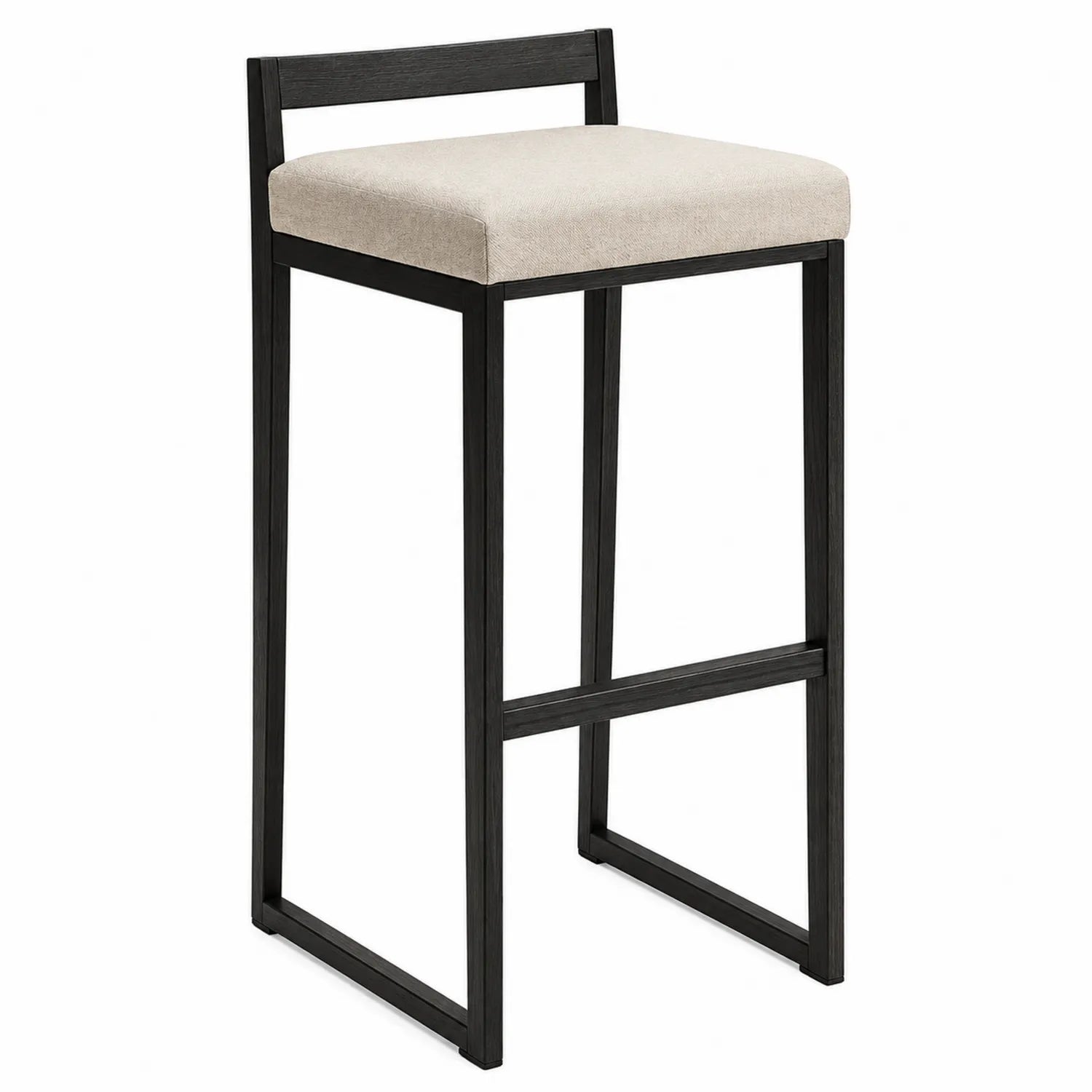 Stołek barowy z tkaniny lnianej, czarny metalowy stelaż, 75 cm